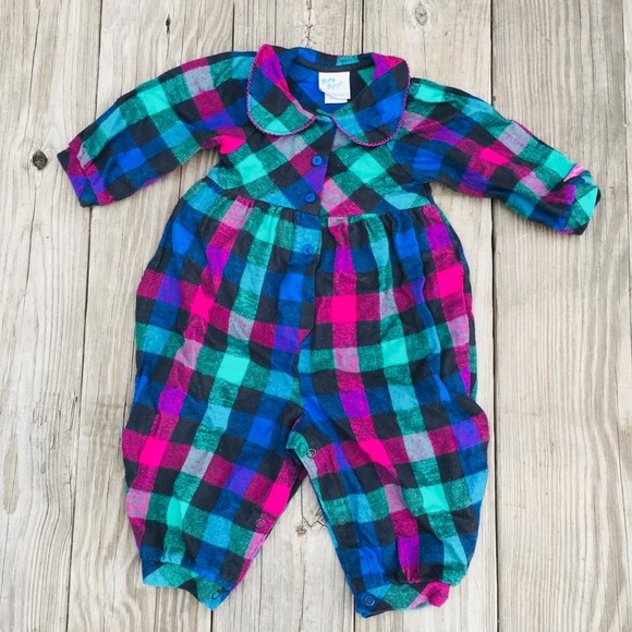 Vintage Retro Oshkosh Flannel Blue Green Black Fuchsia Jumpsuit Romper USA 18M